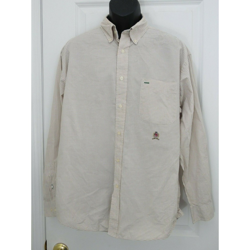 Tommy Hilfiger Crest Mens Oxford Shirt Tan Check Long Sleeve 100% Cotton Large